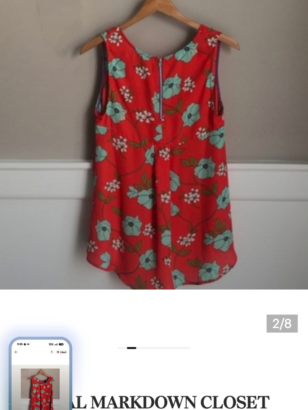 W5 Coral-Red Floral Sleeveless Cami Top Flowers Medium A-line Silhouette - Picture 9 of 10
